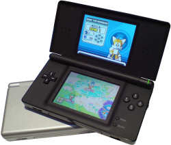 Nintendo DS Lite in Silver and Black running Super Mario Brothers