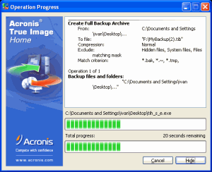 Acronis True Image 10 - Home edition backup page